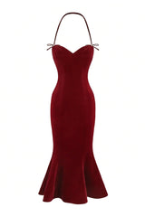 Nana Jacqueline Althea velvet maxi dress in red, flowing elegant dress with long sleeves and a fitted waist.