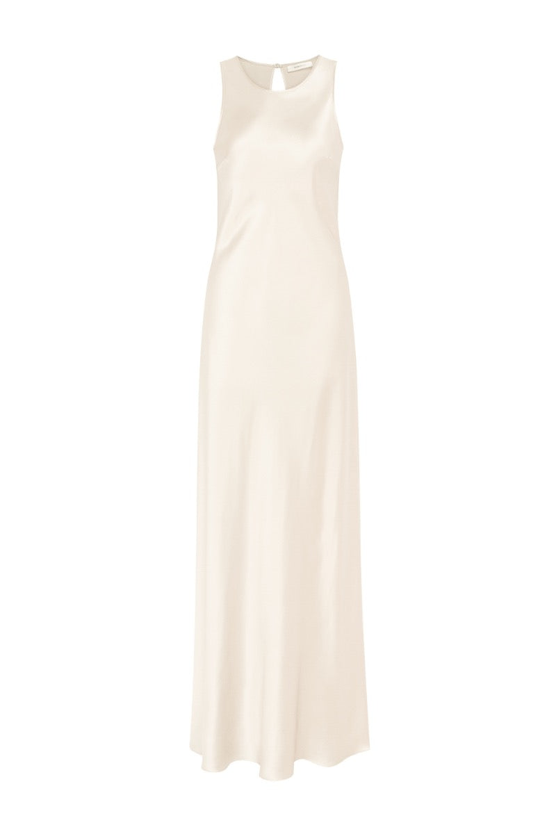 Cream silk-satin maxi dress by Serenity featuring a high-neck design and elegant flowy silhouette.