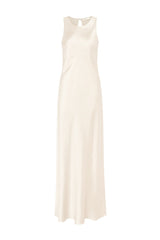 Cream silk-satin maxi dress by Serenity featuring a high-neck design and elegant flowy silhouette.