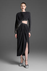 Ana Asymmetric Gathering Midi Dress - MEAN BLVD