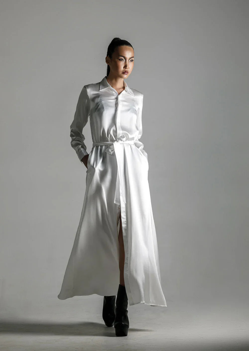 east asia woman wear anais long sleeves silk shirt dress in white with back boots heels by object and dawn