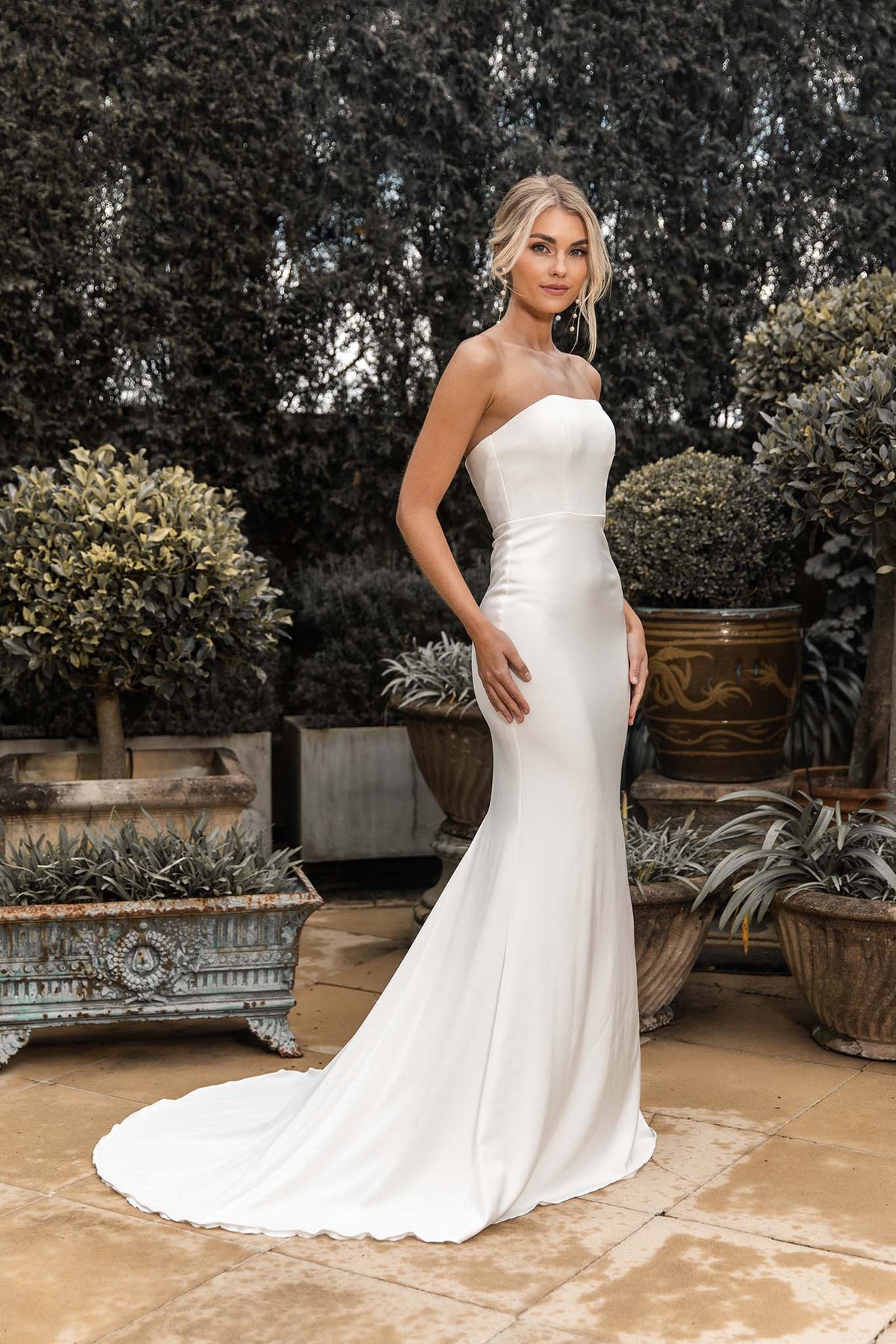 Ivory White Silky Satin Long Gown with Straight Strapless Neckline, Form-Fitting Bodice, Flared Mermaid Skirt and Moderate Train