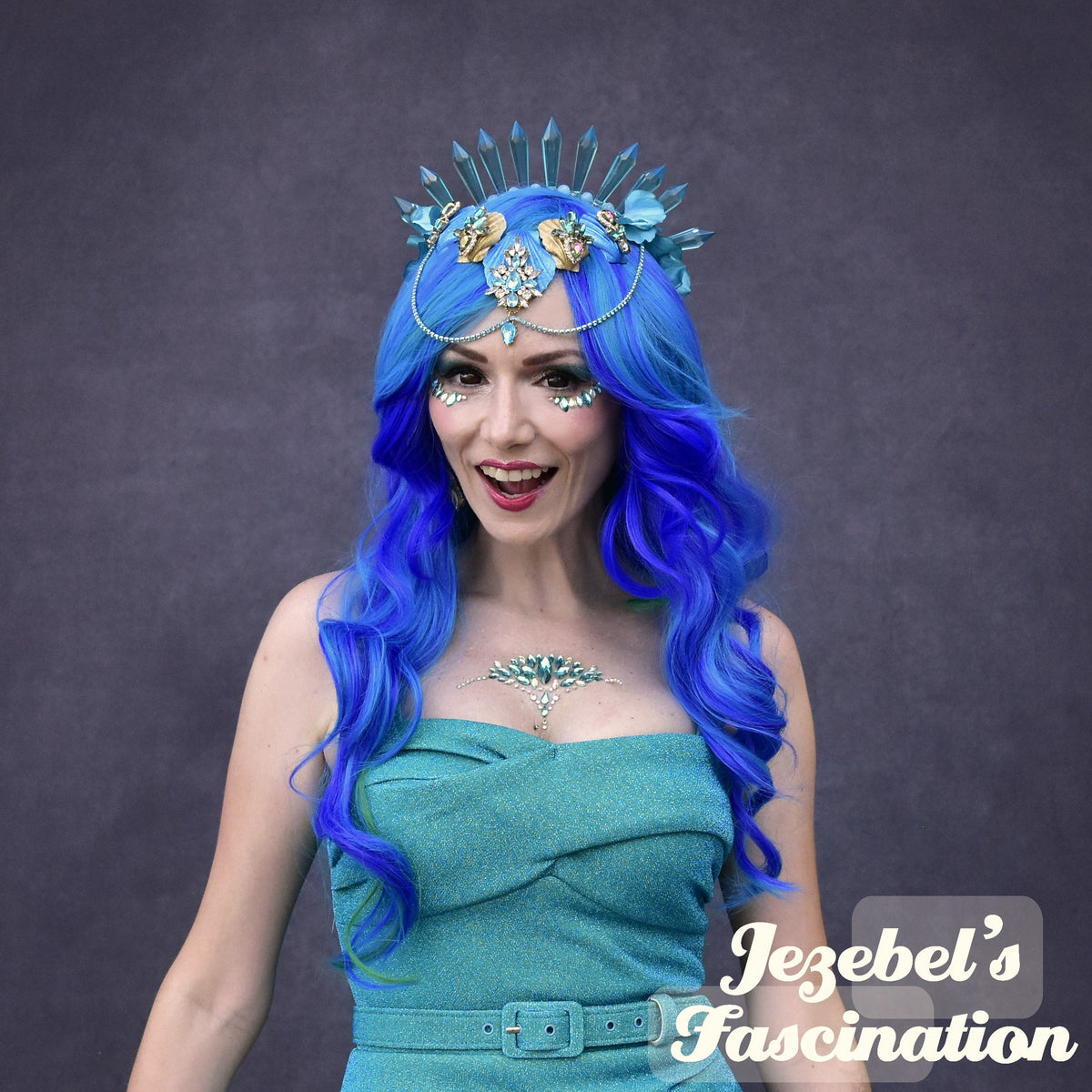 Aqua Blue Golden Mermaid Fantasy Crown, Seashell Crystal Chain Nymph Headpiece, Water Sign Siren Queen Empress Maternity Costume Headdress, Aquarius Aquamarine Burlesque Belly Dance Fantasy Goddess Calypso Aquatic Sprite Amphitrite Atargatis Cosplay