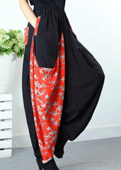 Art Black Patchwork Orange Pockets Print Spring Pants - Omychic