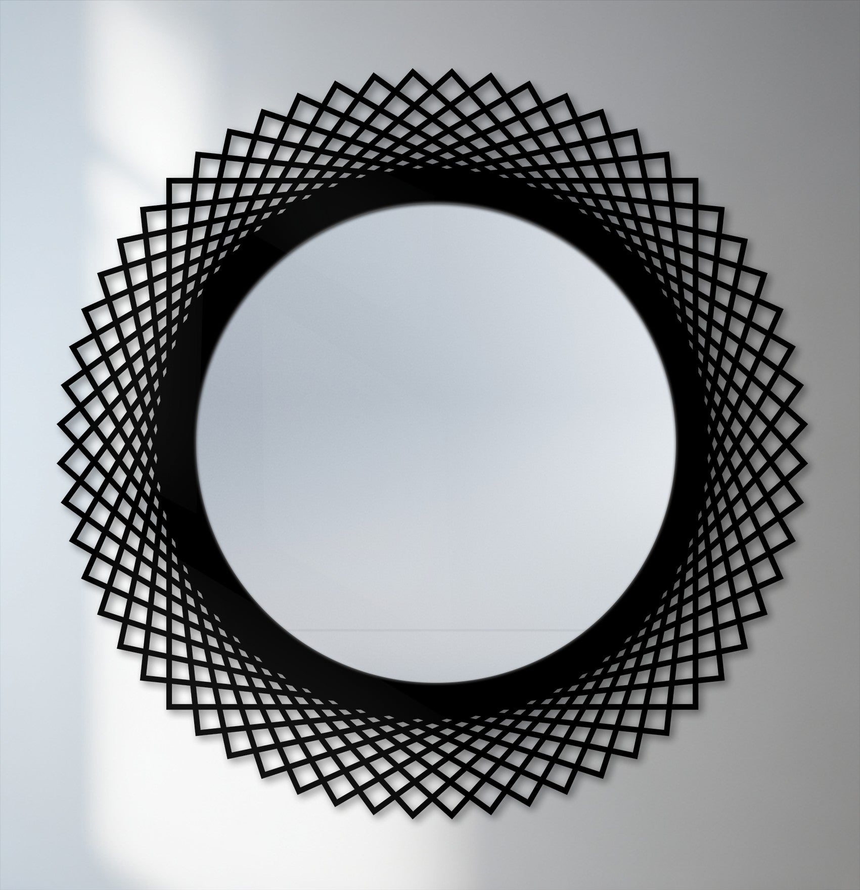 Showing the realistic detail of the diamond weave frame, this round decorative mirror is a modern geometric design that elevates any interior as a striking decorative mirror.