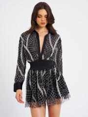 Rachelle Black Embroidered Mesh Mini Shirt Dress (Archive Sale)