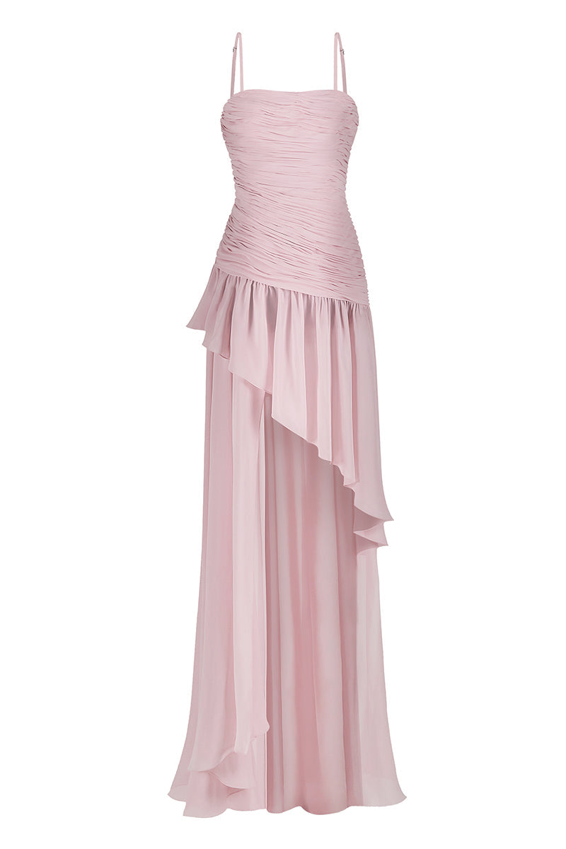 Asymmetric draped dusty pink chiffon mini dress from Stolen Stores, featuring elegant draping and a stylish mini length.