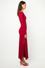 ASYMMETRICAL WRAP LONG DRESS in cherry red