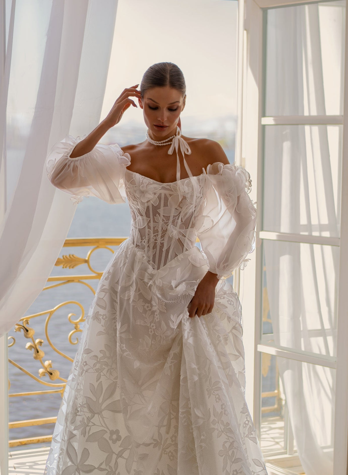 Romantic Lace and Organza Off-Shoulder Corset Ball Gown Wedding Dress with Puffy Sleeves