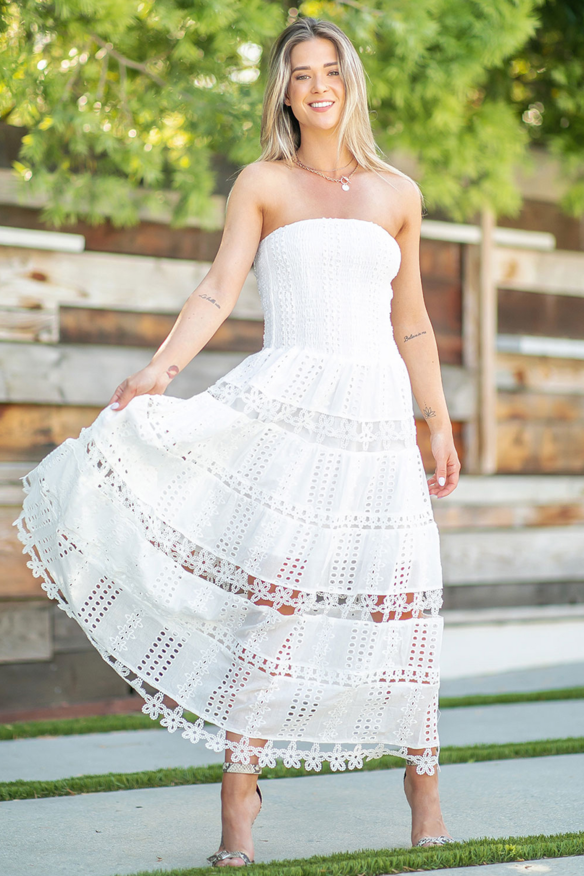 Maxi Eyelet Lace Strapless Tube Dress - white, women's dresses collection