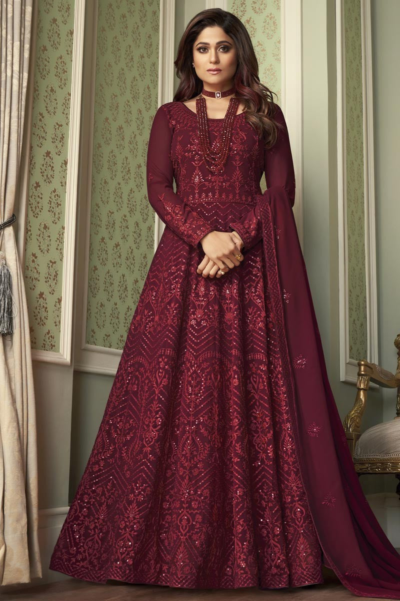 Lovable Maroon Anarkali - Shamita Shetty Georgette Anarkali Suit