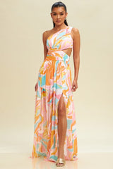 CLEARANCE  PINK MULTI LONG MAXI SUMMER DRESS WITH SIDE CUT OUT