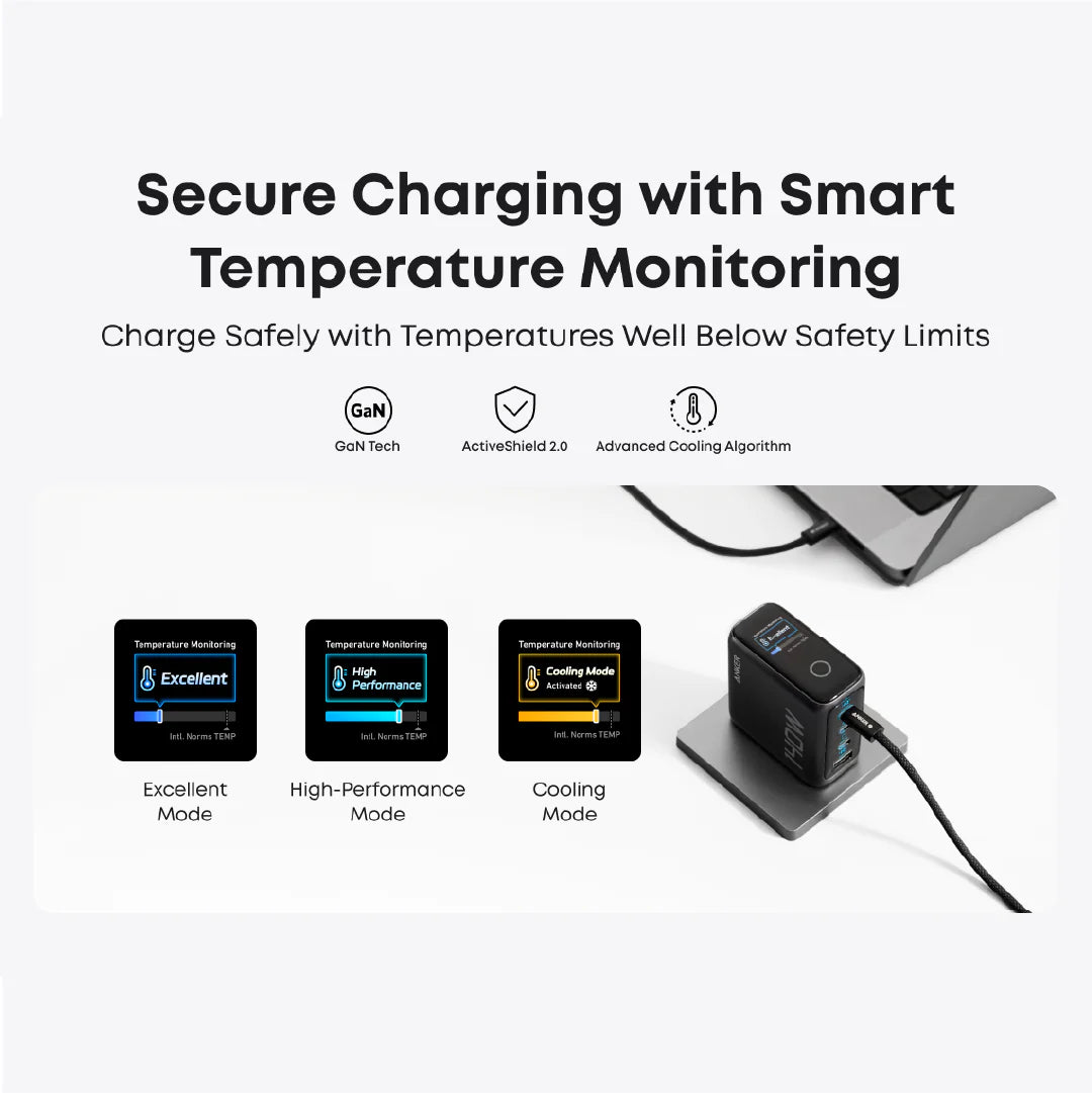Charging device with smart temperature monitoring features on a white background