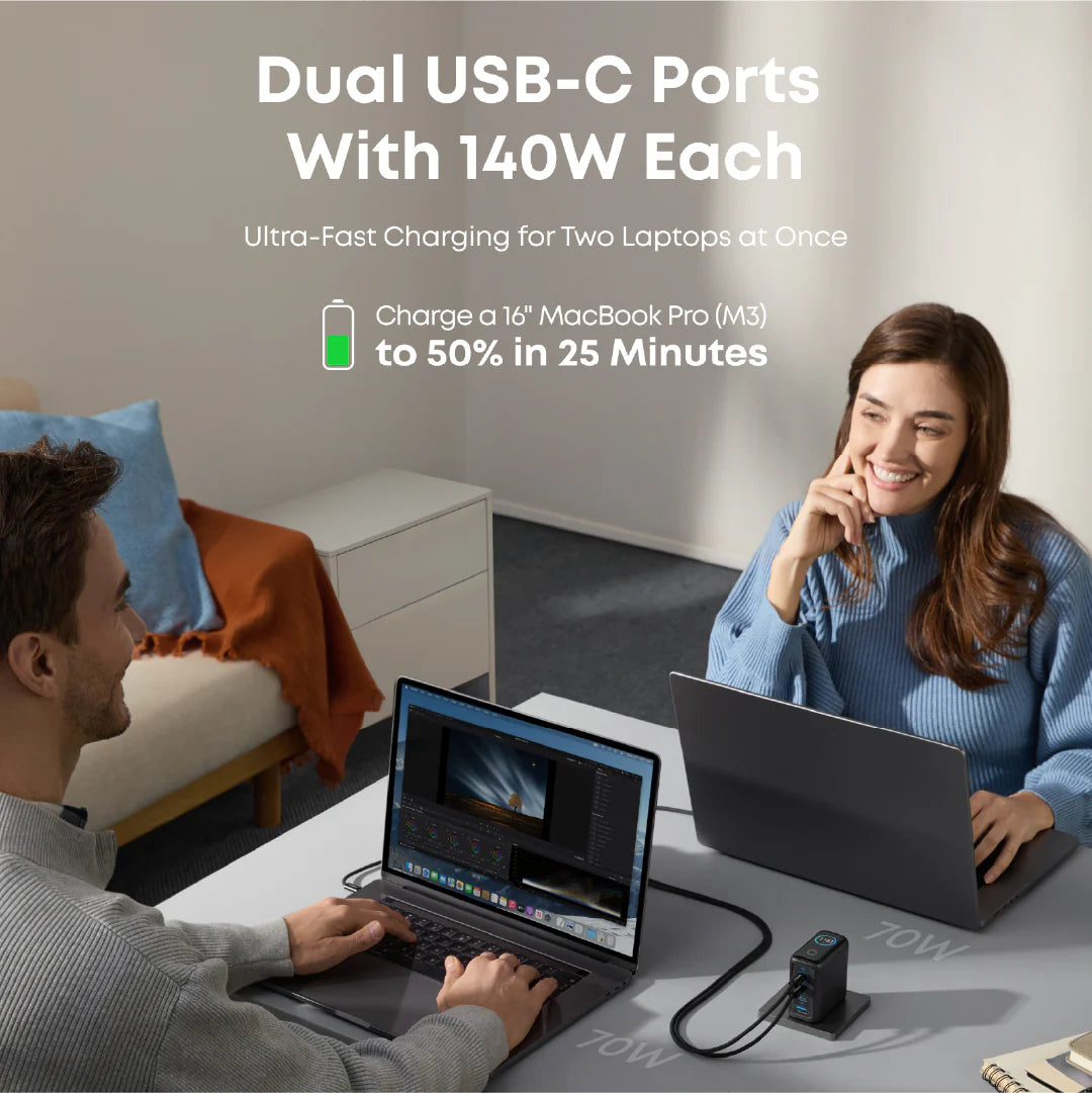 Two people using laptops with a device featuring dual USB-C ports and 140W capacity.