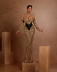 Gold & Black Sequin Halter Dress