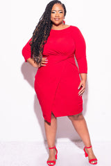 Final Sale Plus Size Long Sleeve Side Knot Wrap Midi Dress in Red