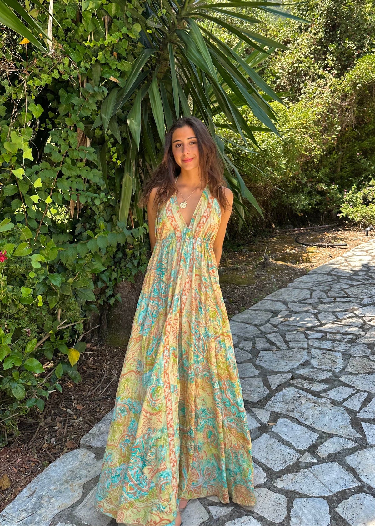 Long Gold Ibiza Dress Fari - Multi Green