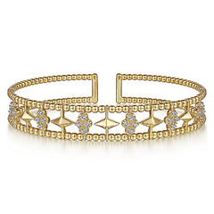 Gabriel & Co. BG4615-62Y45JJ 14K Yellow Gold Bujukan Bead Cuff Bracelet with Inner Diamond Cluster and Gold Pyramid Connectors.