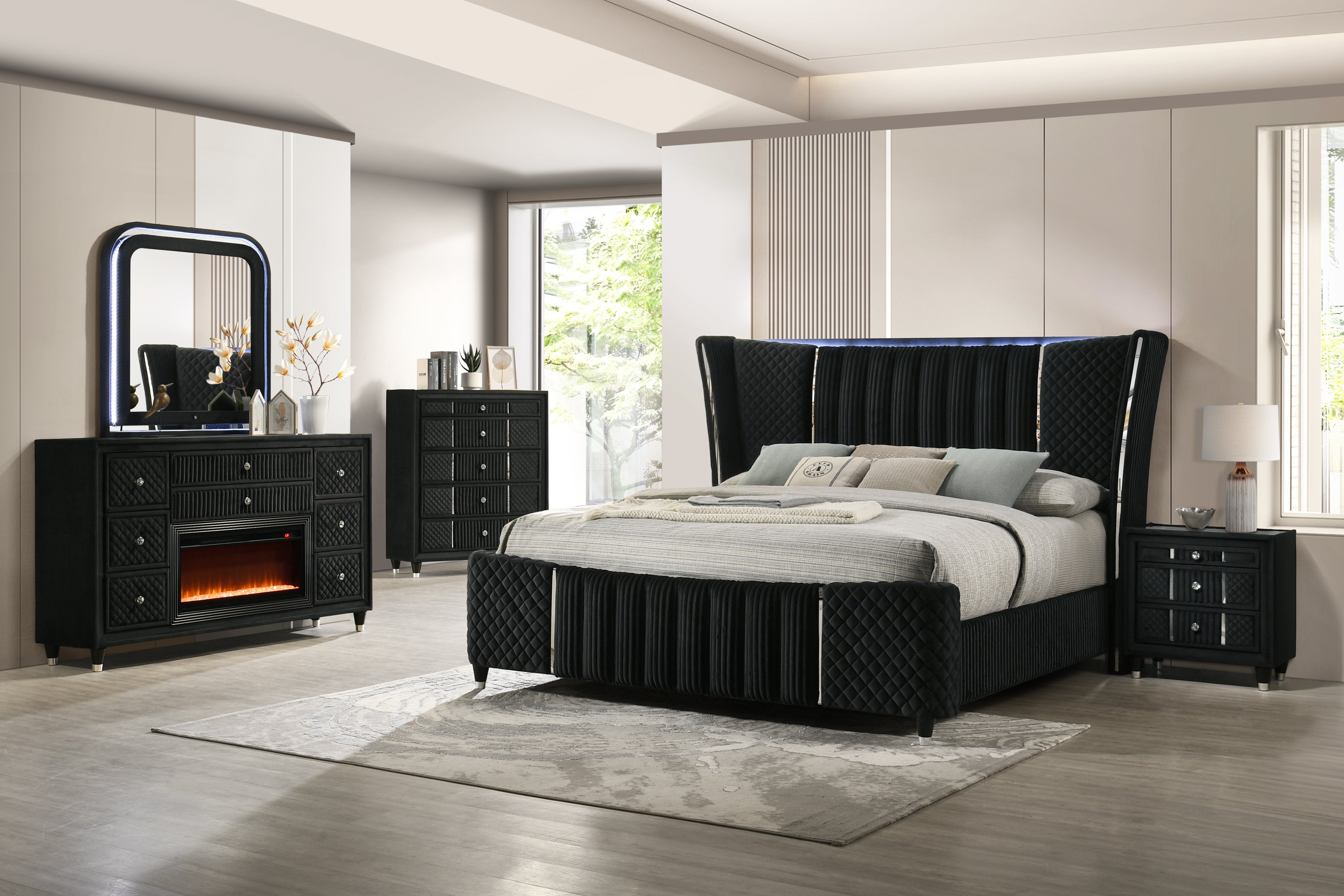 Velvet Black Glam 6-Piece Bedroom Set with LED Bed, Fireplace Dresser, Mirror & Nightstand