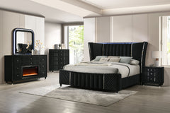 Velvet Black Glam 6-Piece Bedroom Set with LED Bed, Fireplace Dresser, Mirror & Nightstand