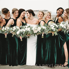 Simple Dark Green Velvet Mismatched Long Custom Bridesmaid Dresses , BN1186