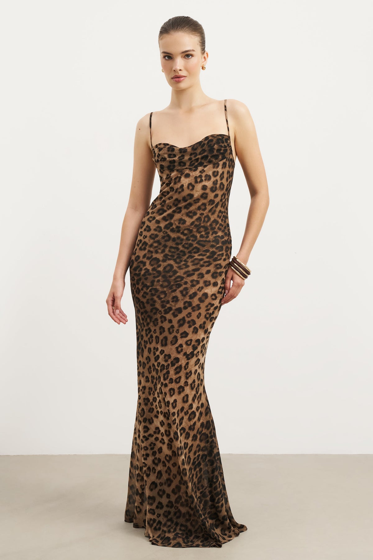 Sheer Ruched Chiffon Maxi Dress- Leopard Print