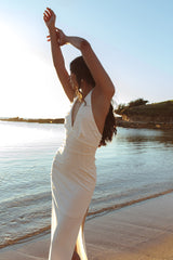 Crystal Lake Halter Neck Pearl Maxi Dress White by Selfie Leslie
