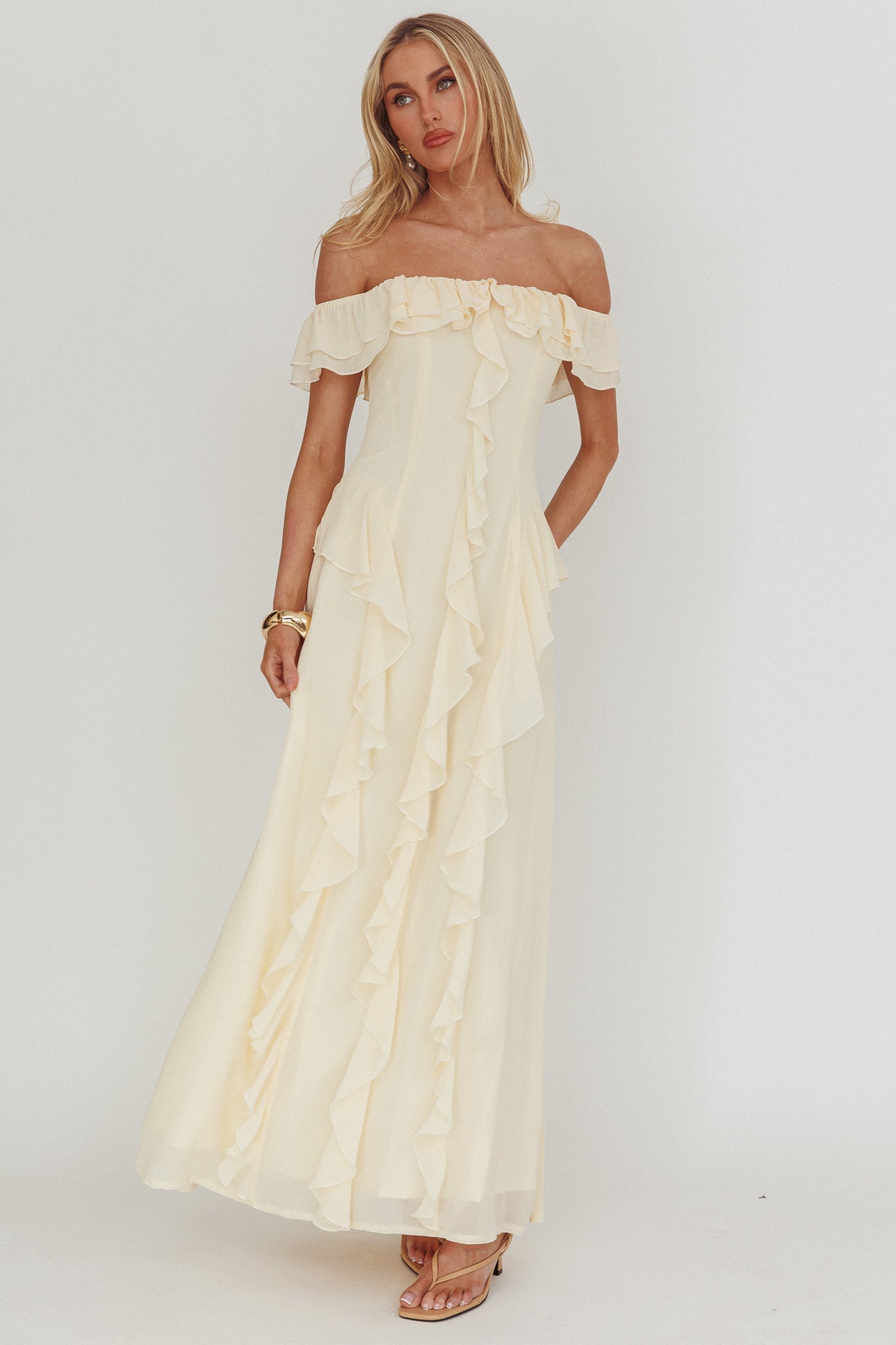 Scarlet Off-Shoulder Ruffle Trim Maxi Dress Butter by Selfie Leslie