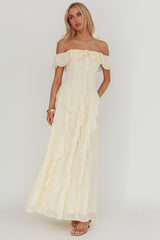 Scarlet Off-Shoulder Ruffle Trim Maxi Dress Butter by Selfie Leslie