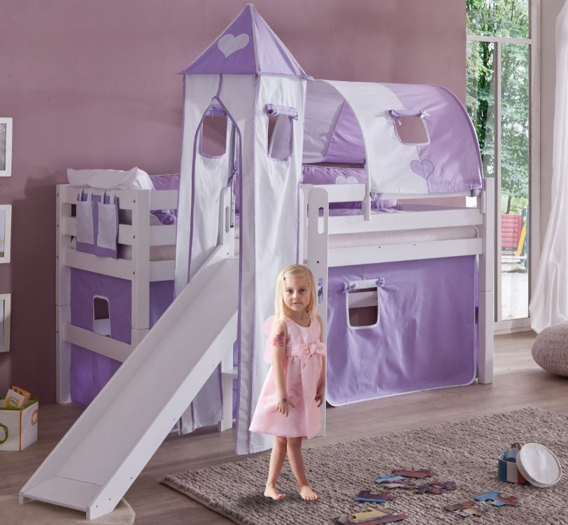 Hochbett ELIYAS Kinderbett mit Rutsche Spielbett Bett Weiß Stoffset Lila/Weiß