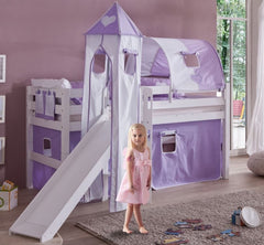 Hochbett ELIYAS Kinderbett mit Rutsche Spielbett Bett Weiß Stoffset Lila/Weiß