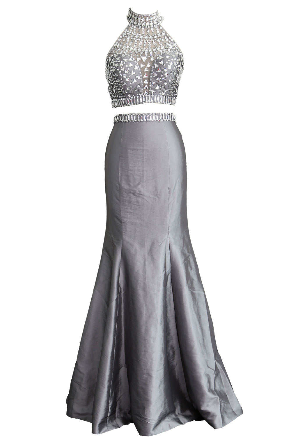 MACloth Women Mermaid Two Piece High Neck Taffeta Long Prom Dress Formal Gown