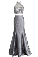 MACloth Women Mermaid Two Piece High Neck Taffeta Long Prom Dress Formal Gown