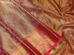 Pure kanchipuram tissue silk saree dual shade of gold and pink with allover zari woven brocade weaves and zari woven border