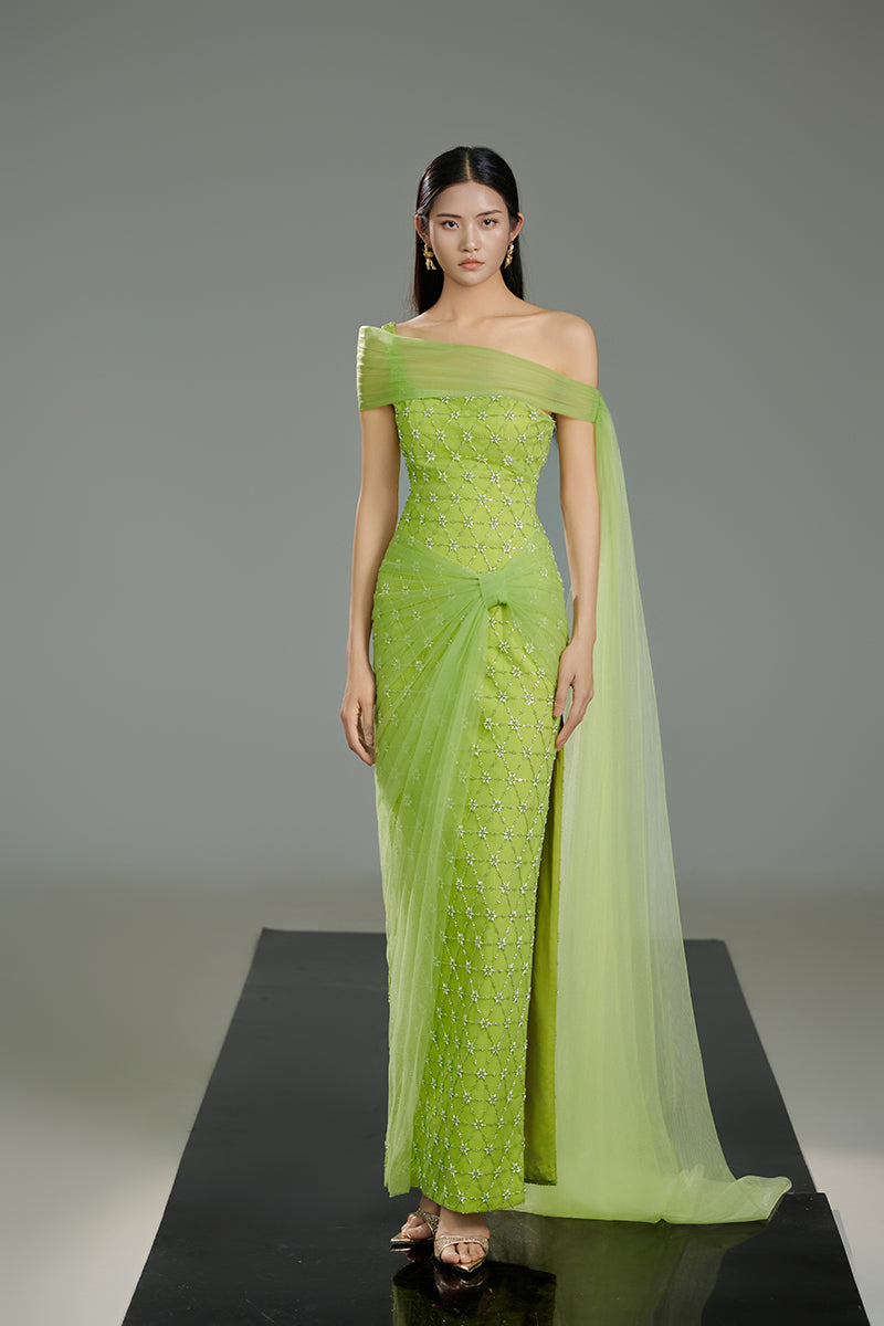 Light green crystal maxi dress by Happy Clothing, flowing fabric with elegant design, perfect for formal or summer occasions.