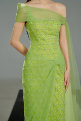 Light green crystal maxi dress by Happy Clothing, flowing fabric with elegant design, perfect for formal or summer occasions.