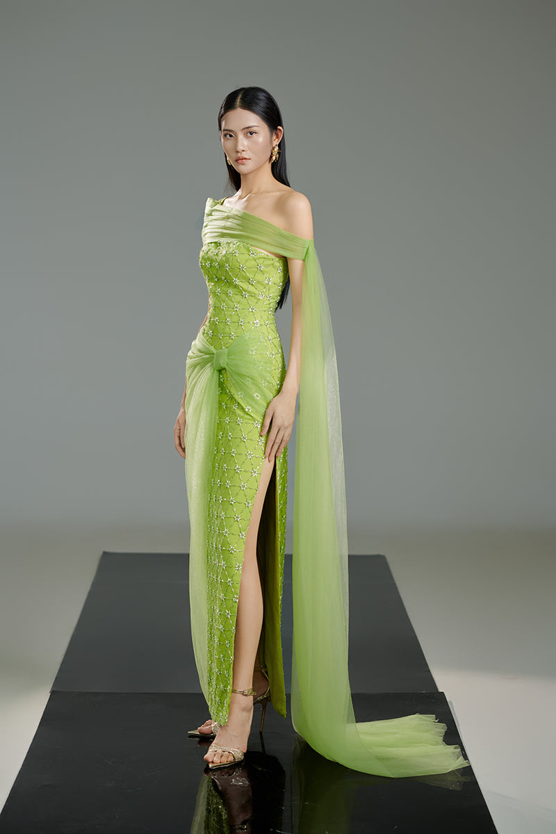 Light green crystal maxi dress by Happy Clothing, flowing fabric, elegant design, and vibrant color perfect for summer occasions.