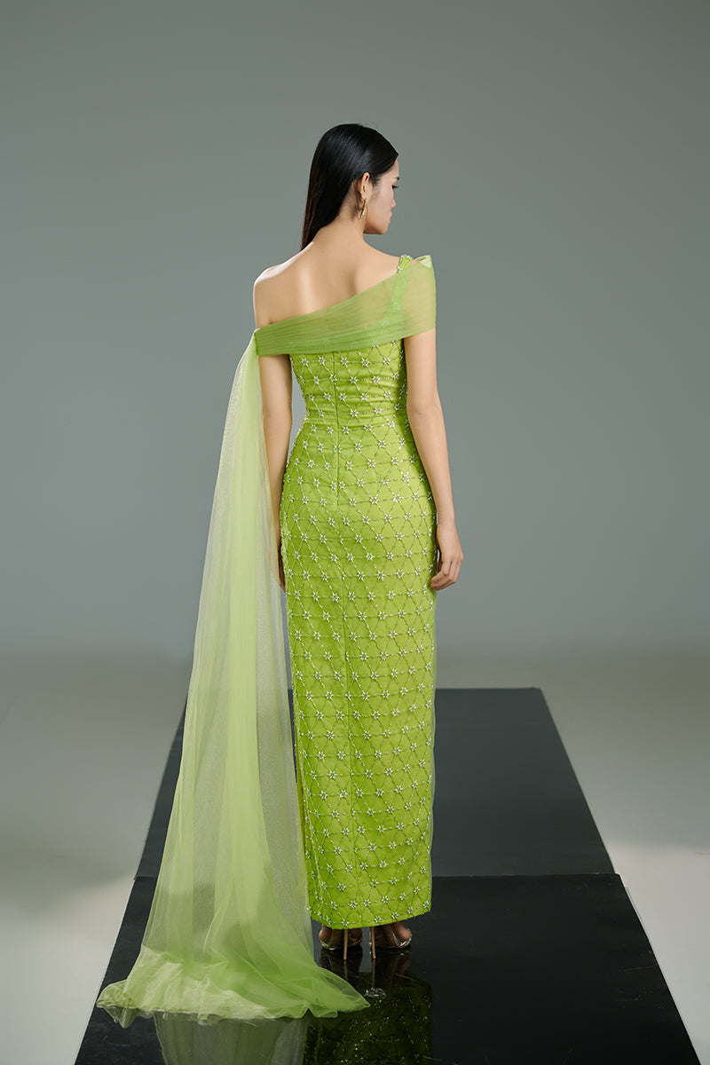 Light green crystal maxi dress by Happy Clothing, flowing fabric with elegant design, perfect for formal or special occasions.
