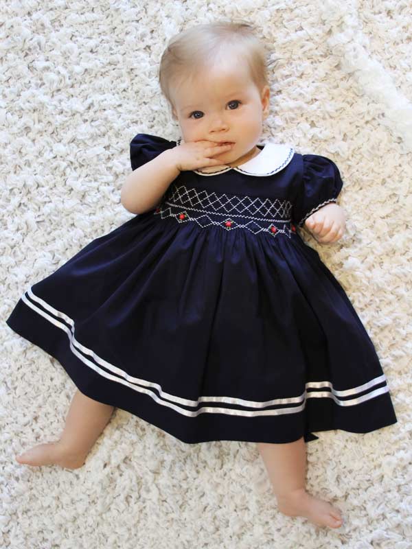 Hand Smocked Girls Dress Navy and Satin Ribbons