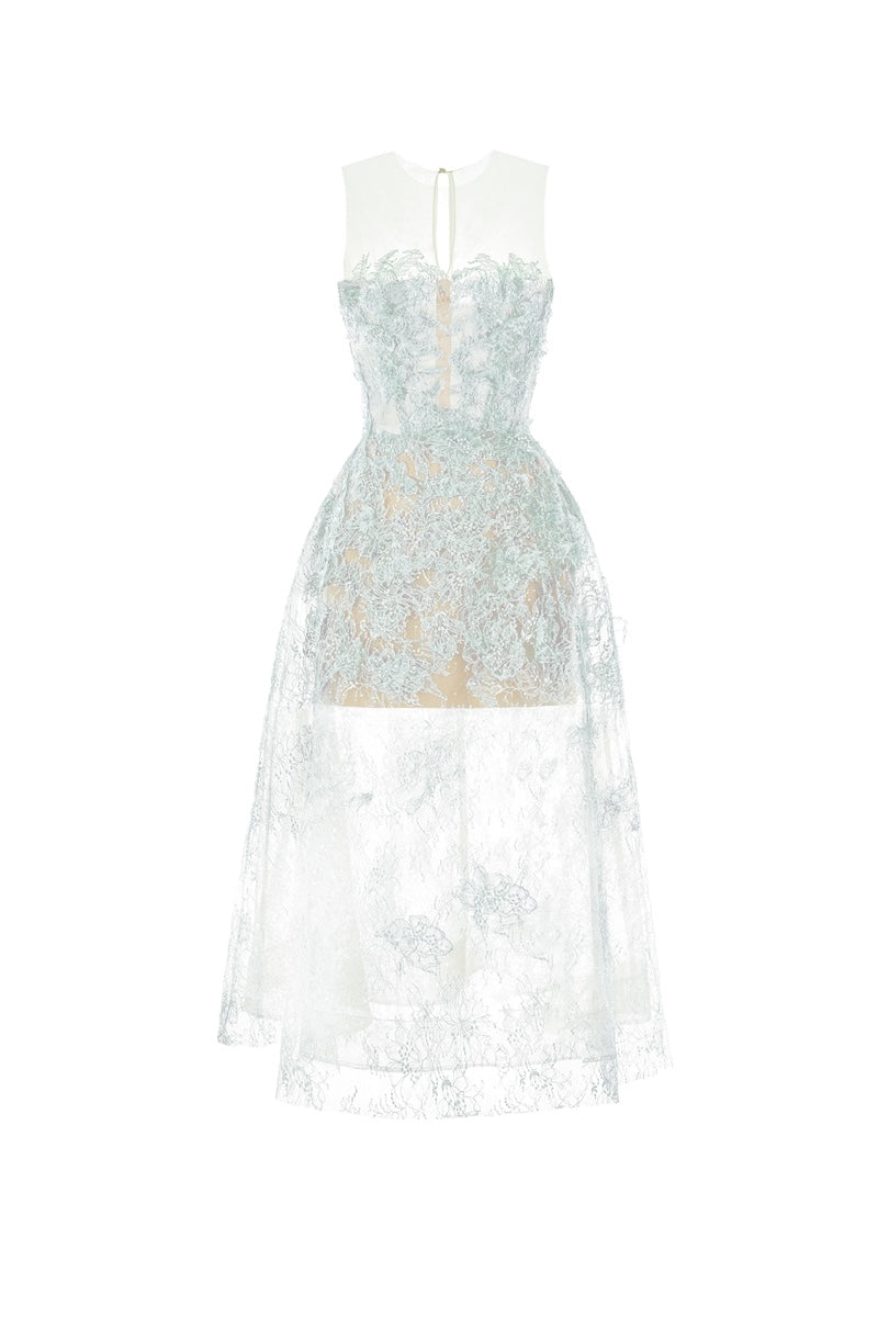 Baby blue beaded lace midi dress by Montsand, featuring intricate beadwork and delicate lace fabric for elegant occasion wear.