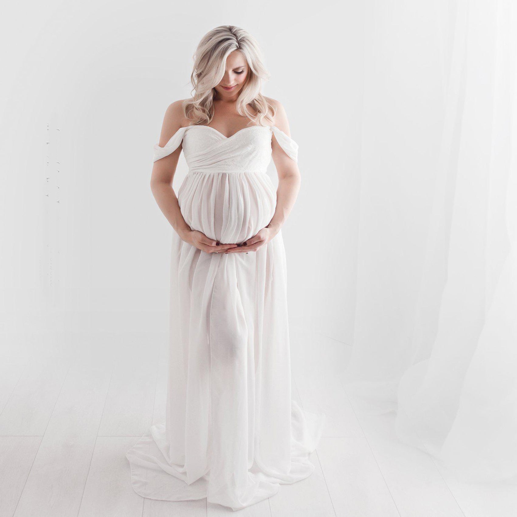 Baby Exo Maternity Chiffon Yarn Photoshoot Bump Dresses - Maternity Photoshoot Dress-mpd2204022-White • S