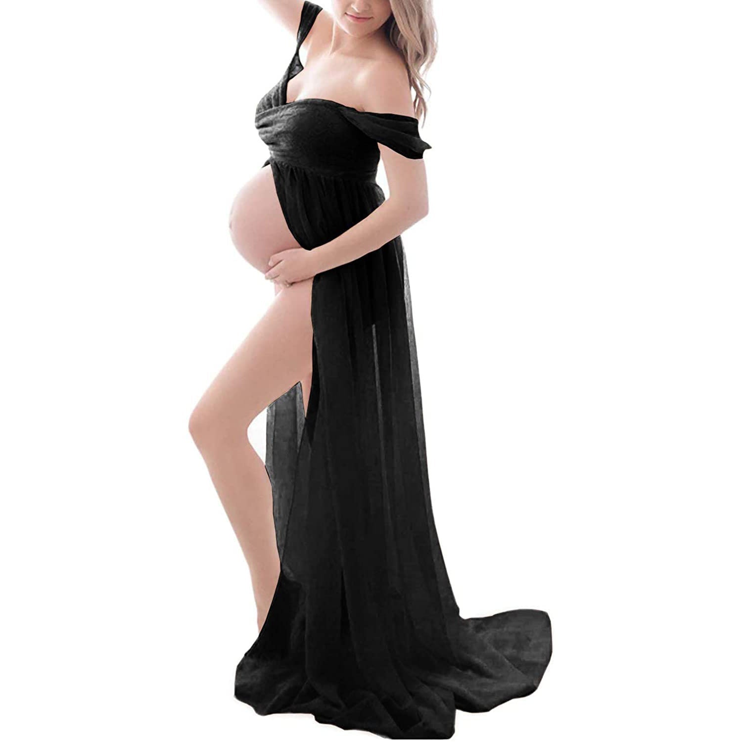 Baby Exo Maternity Chiffon Yarn Photoshoot Bump Dresses - Maternity Photoshoot Dress-mpd2204022-Black • S