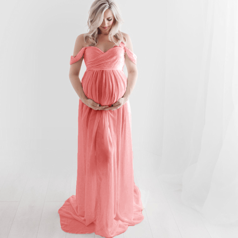 Baby Exo Maternity Chiffon Yarn Photoshoot Bump Dresses - Maternity Photoshoot Dress-mpd2204022-Fruit Pink • S