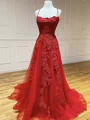 Backless Burgundy Lace Prom Dresses, Wine Red Open Back Lace Formal Evening Dresses