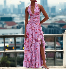 2025 Sexy Halter Floral Maxi Dress  -  Sleeveless Fit & Flare Party Gown with Ruffles