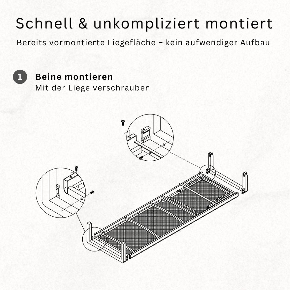 Einfache Montage der Sonnenliege: Beine anschrauben, vormontierte Liegefläche ermöglicht schnellen Aufbau