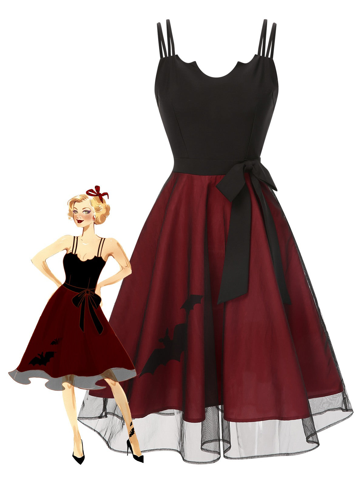 Black & Red 1950s Bat Mesh Dress, vintage dress, retro fashion, rockabilly, pin-up fashion - perfect for women who love vintage and retro fashion