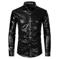 Trending Sequin Glitter Dress Shirt - Men Shiny Long Sleeve Disco Party Dance Shirt (D8)(TM1)
