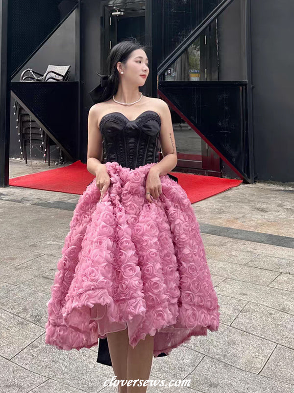 Black Lace Top Pink Rosy 3D Floral Tulle Strapless Ankle Length Prom Dresses, CP1163
