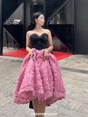 Black Lace Top Pink Rosy 3D Floral Tulle Strapless Ankle Length Prom Dresses, CP1163